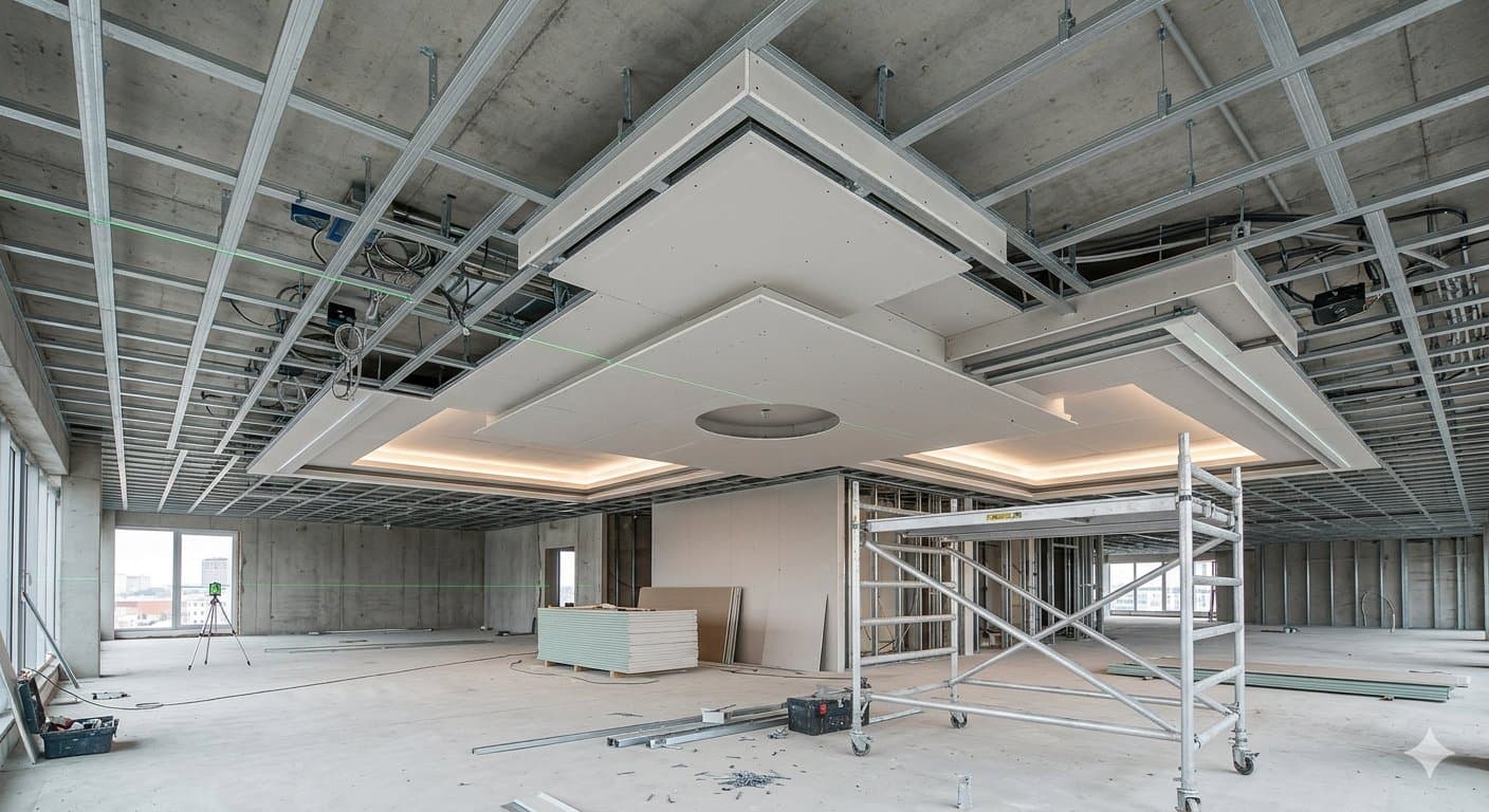 Dark ceiling with recessed spotlights above a corridor and feature wall