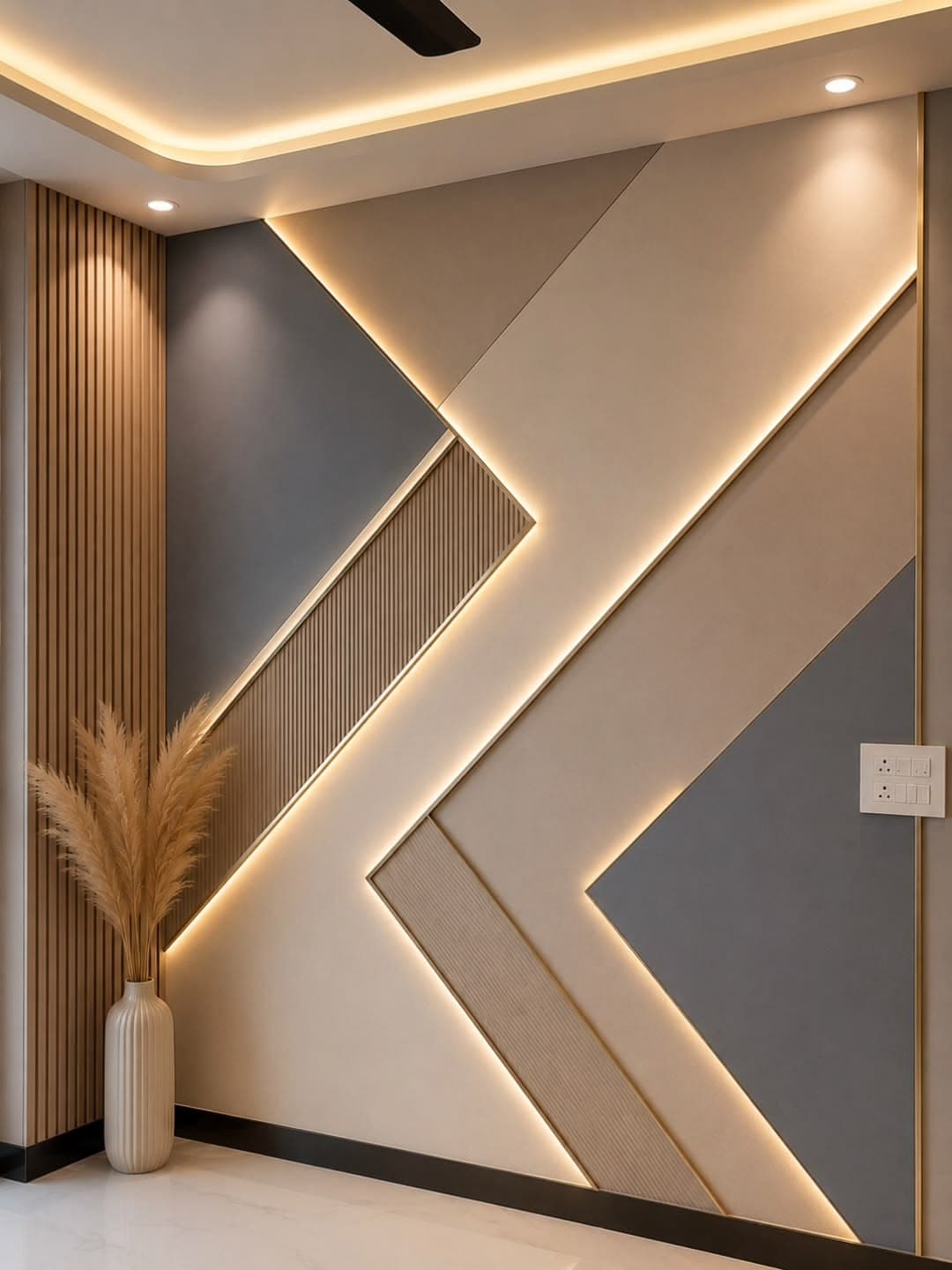Arched decorative wall panels with integrated lighting above built-in seating