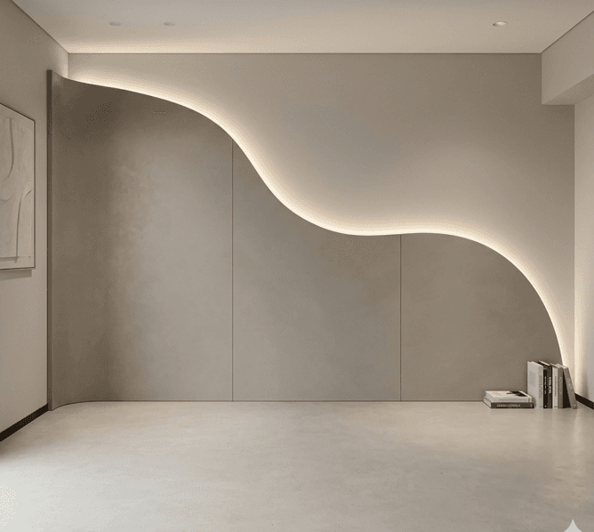 Curved gypsum wall profile in a room before its final finish