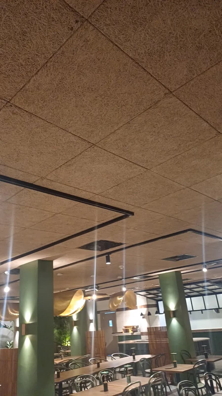 Panelled ceiling with a framed track-lighting layout above restaurant tables and green columns