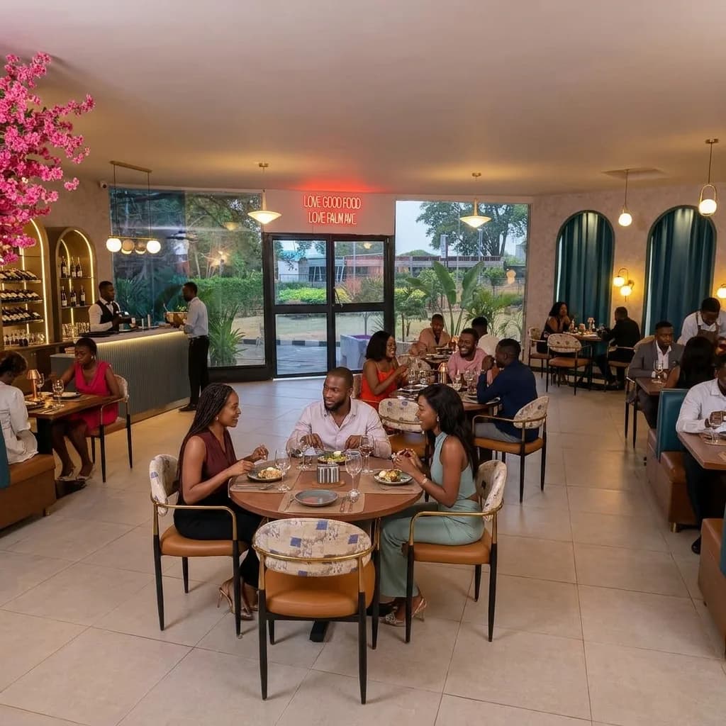 AI-generated image: restaurant with a bar counter, shelving, round tables, garden views and guests dining